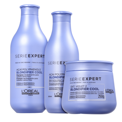 Conjunto de três produtos para cabelo lilás da L'Oréal Serie Expert.