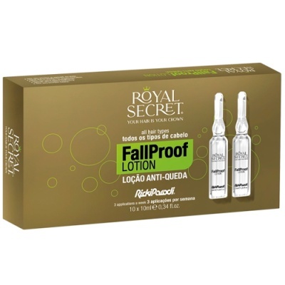 Embalagem dourada de loção anti-queda para cabelo Royal Secret Fall Proof com duas ampolas