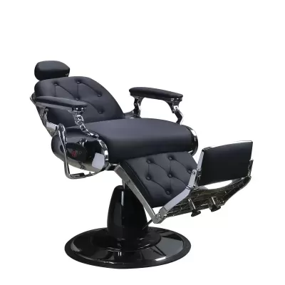 Cadeira de barbeiro preta com estrutura cromada e apoios almofadados