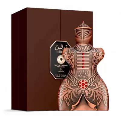 Frasco de perfume Toeleen em forma de armadura com embalagem castanha