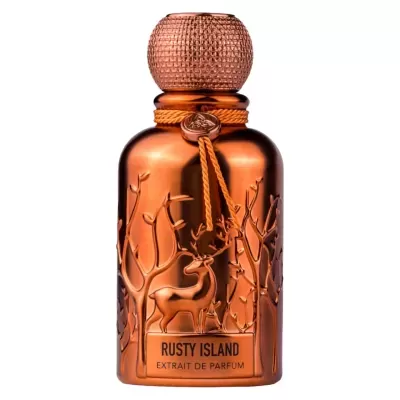 Frasco de perfume metálico cobre com relevo de cervos e árvores