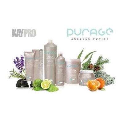 Produtos capilares KAYPRO PURAGE com elementos naturais e texto na embalagem