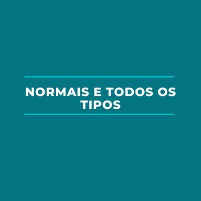 Texto 'NORMAIS E TODOS OS TIPOS' em fundo verde azulado com linhas horizontais
