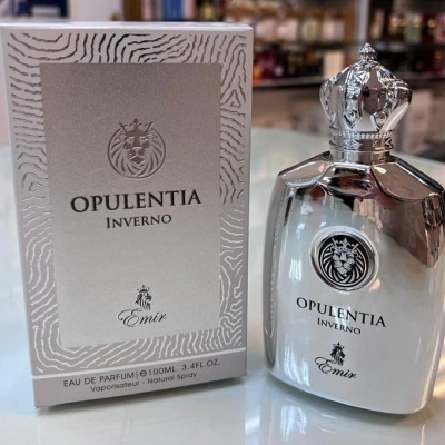 Frasco de perfume prateado Opulentia Inverno com caixa cinzenta e tampa em forma de coroa
