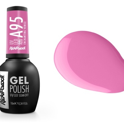 Frasco de verniz gel para unhas preto e rosa com teste de cor em rosa claro