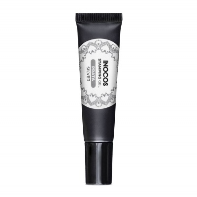 Bisnaga preta com etiqueta branca e texto INOCOS Stamping Gel Silver