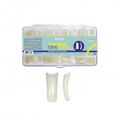 Caixa transparente com tips de unhas falsas brancas curvas longas da marca INOCOS