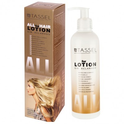 Frasco branco com bomba e caixa dourada do Tassel All for Hair Lotion sem aclarado