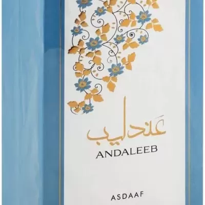Embalagem azul claro de perfume Andaleeb Asdaaf com flores azuis e douradas, texto em árabe e inglês.
