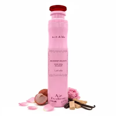 Frasco cor-de-rosa de ambientador Lattafa com pétalas e flores