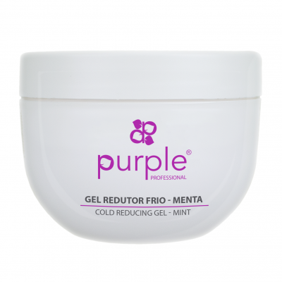 Frasco branco de gel redutor frio menta com rótulo roxo.
