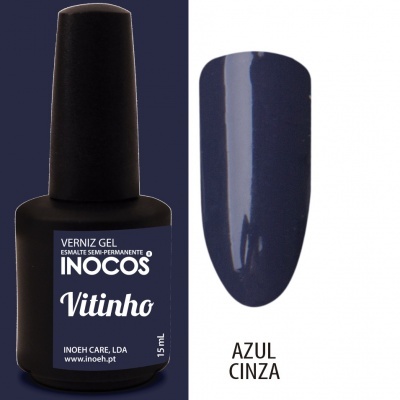 Frasco de verniz gel preto com amostra de cor azul cinza