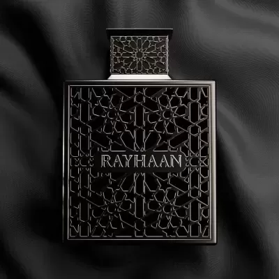 Frasco de perfume preto com padrão geométrico e texto RAYHAAN