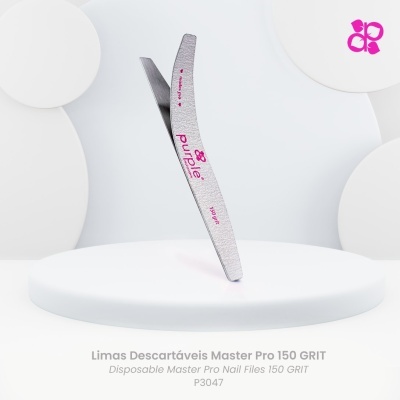 Limas descartáveis Master Pro 150 grit com texto e símbolo rosa sobre fundo branco