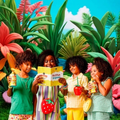 Crianças com bebidas e livro em cenário de plantas coloridas