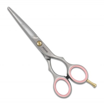 Tesoura de corte profissional com argolas rosas e parafuso dourado