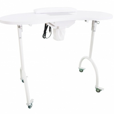 Mesa branca para manicure com estrutura metálica e luz LED