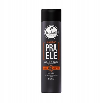 Frasco preto de shampoo Haskell para cabelo e barba com rótulo cinza e texto branco e laranja