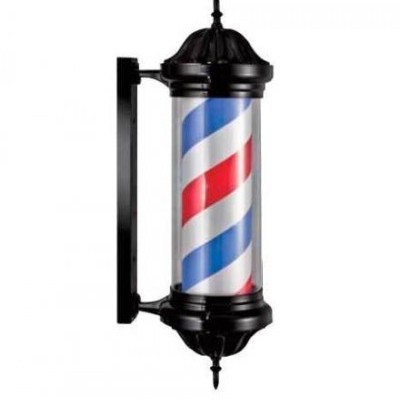 Barbearia decorativa iluminada com padrão em espiral vermelho, branco e azul