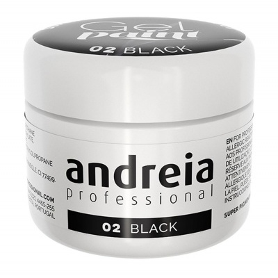 Frasco branco com rótulo 'andreia professional 02 BLACK'