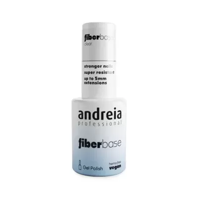 Frasco branco de verniz gel andreia professional fiberbase com texto informativo