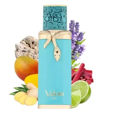 Frasco de perfume azul claro com tampa azul e ornamento de cobra dourada