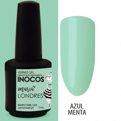 Verniz gel INOCOS Maria Londres azul menta com amostra de cor
