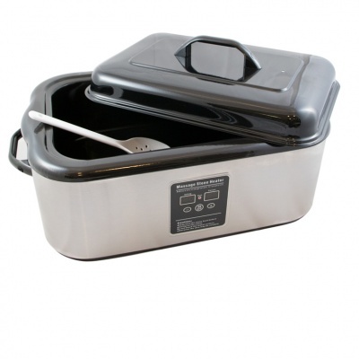 Aquecedor de pedras para massagem metálico prateado com tampa preta e colher branca dentro