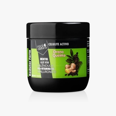 Frasco preto de creme Real Natura Celulite Activo Dreno Queima com rótulo verde e preto
