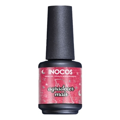 Frasco de verniz gel INOCOS com rótulo cor-de-rosa e tampa preta