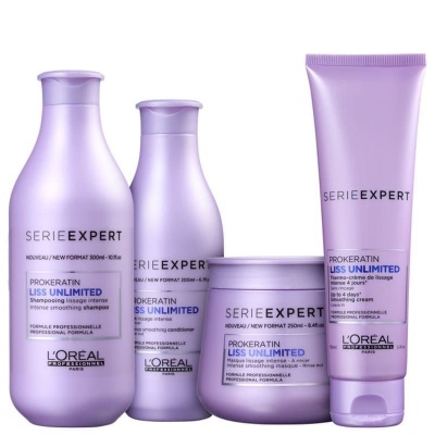 Produtos capilares lilás L'Oréal Serie Expert Liss Unlimited em fundo branco