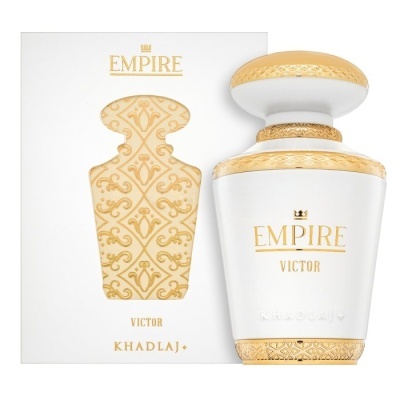 Frasco e caixa branca e dourada de perfume Empire Victor de Khadlaj