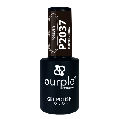 Frasco preto de verniz gel Purple Professional com texto branco P2037 e Forever Strong