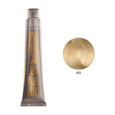 Tubo de tinta para cabelo loiro claro 8/0 Zeros da KJWA com amostra de cor