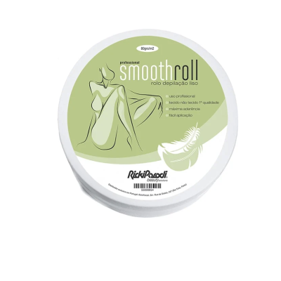 Embalagem redonda branca com ilustração corpo feminino verde e texto smooth roll rolo depilação