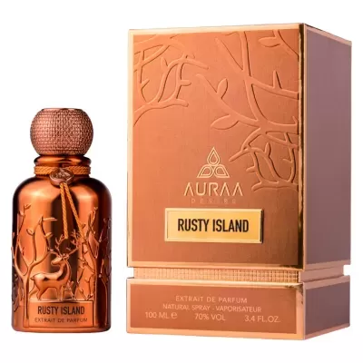 Frasco e caixa do perfume Rusty Island em tom cobre com relevo e cordão laranja