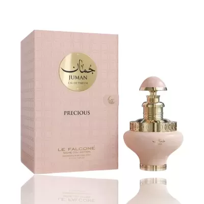Perfume Juman Precious em frasco rosa e dourado com embalagem rosa