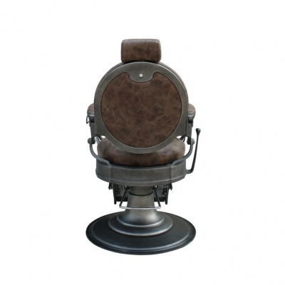 Cadeira de barbeiro vintage castanha e preta vista de costas