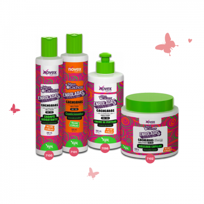 Produtos Novex para cabelo cacheado com embalagens coloridas roxas, brancas, verdes e laranja.