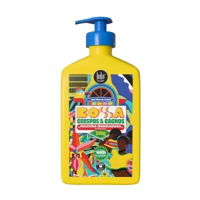 Frasco de gelatina modeladora Bossa Crespos & Cachos amarelo com doseador azul e embalagem colorida