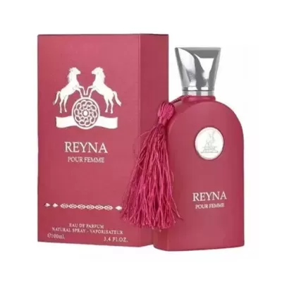 Perfume REYNA POUR FEMME em embalagem e frasco bordô com detalhes prateados e borla