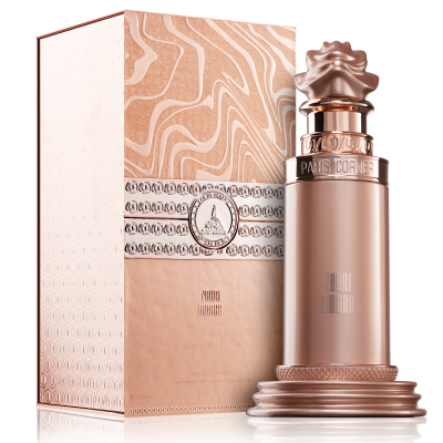 Frasco e caixa de perfume dourados e rose gold com padrão ondulado e tampa decorada.