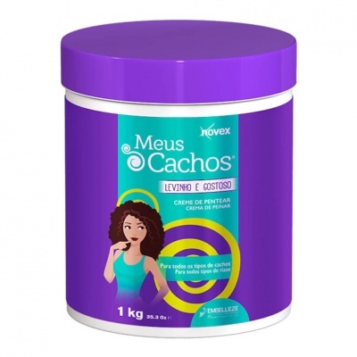 Pote roxo de creme de pentear Meus Cachos da Novex com tampa roxa e rótulo colorido