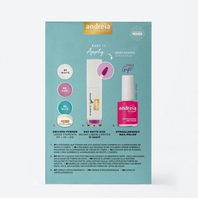 Conjunto de pó solto, batom líquido e verniz da marca Andreia em fundo azul