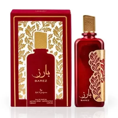 Frasco e embalagem de perfume BAREZ vermelhos com detalhes dourados e padrão de folhas.