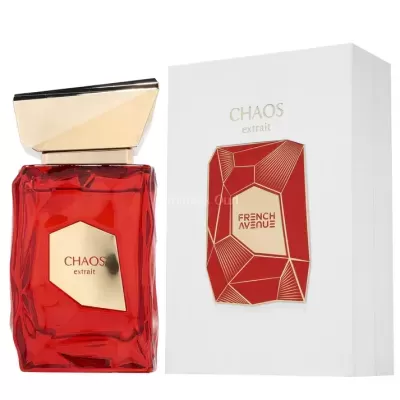 Frasco de perfume vermelho com tampo dourado e caixa branca com design vermelho e dourado