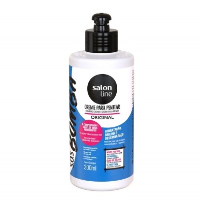 Frasco de creme para pentear Salon Line original azul e branco com tampa preta