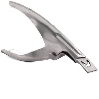 corta-unhas metálico prateado com lâmina curva