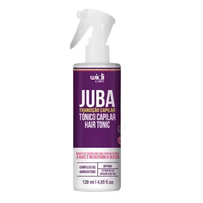 Frasco branco com pulverizador e rótulo roxo e branco de tónico capilar JUBA