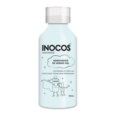 Frasco de removedor de verniz gel INOCOS 150mL com rótulo azul claro e branco.